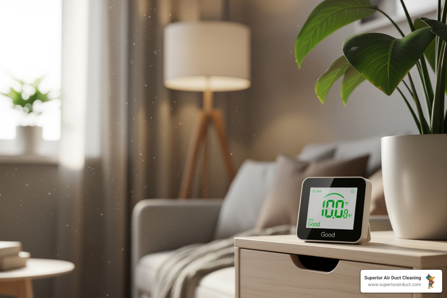 Digital air quality monitor showing good readings in a home - indoor air quality solutions