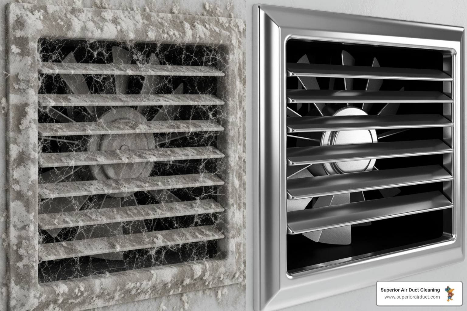 Side-by-side comparison of a dusty, dirty air vent and a freshly cleaned one - duct cleaning Beaver County