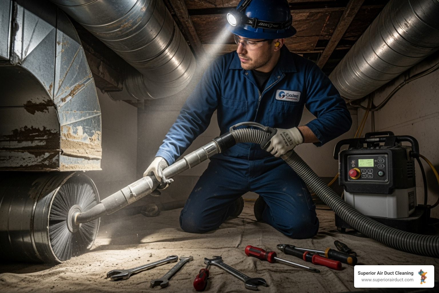 Uniformed technician using a high-powered vacuum and brush system on a home's ductwork - duct cleaning Beaver County
