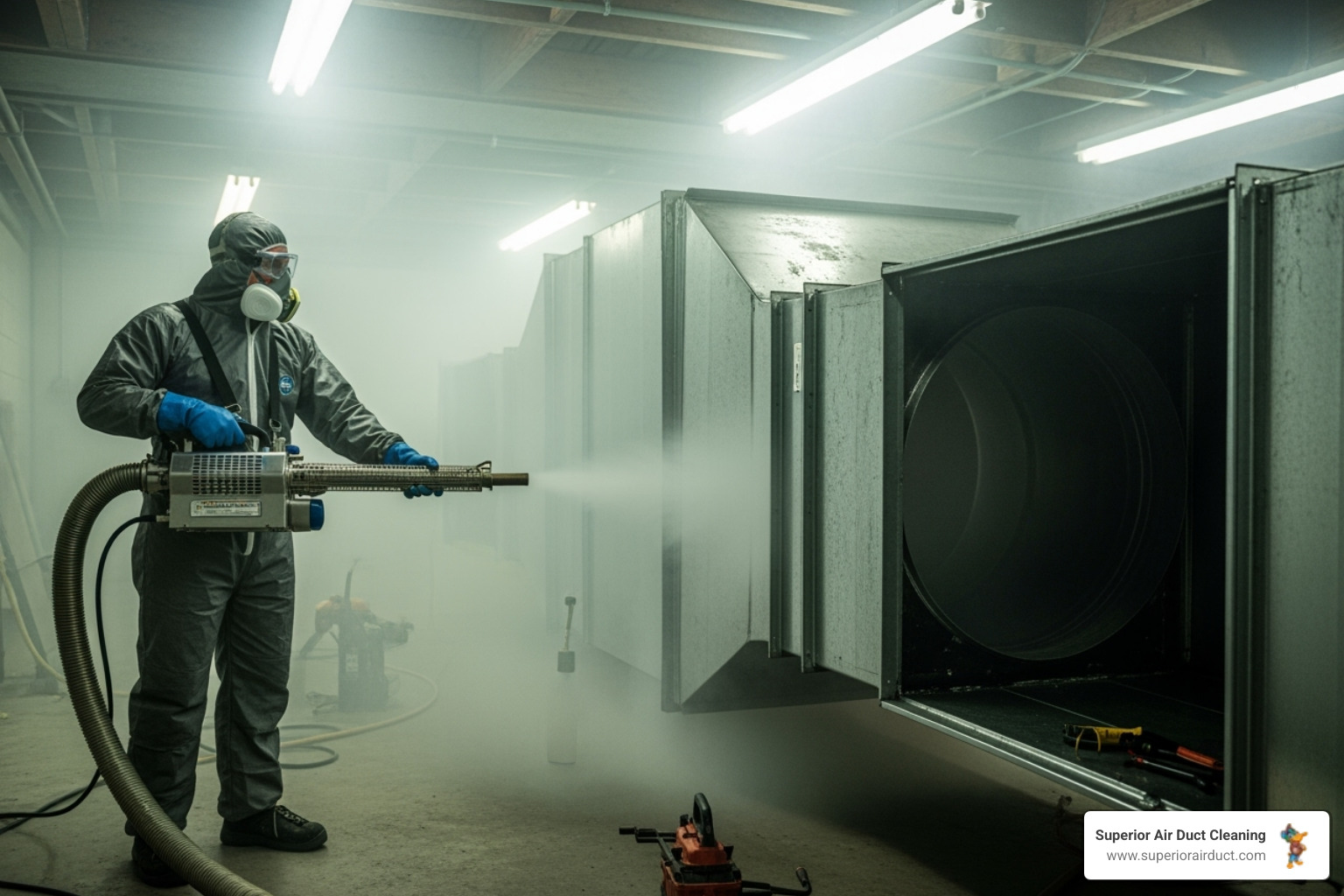 a technician using a fogging machine in an air duct system - sanitize air ducts
