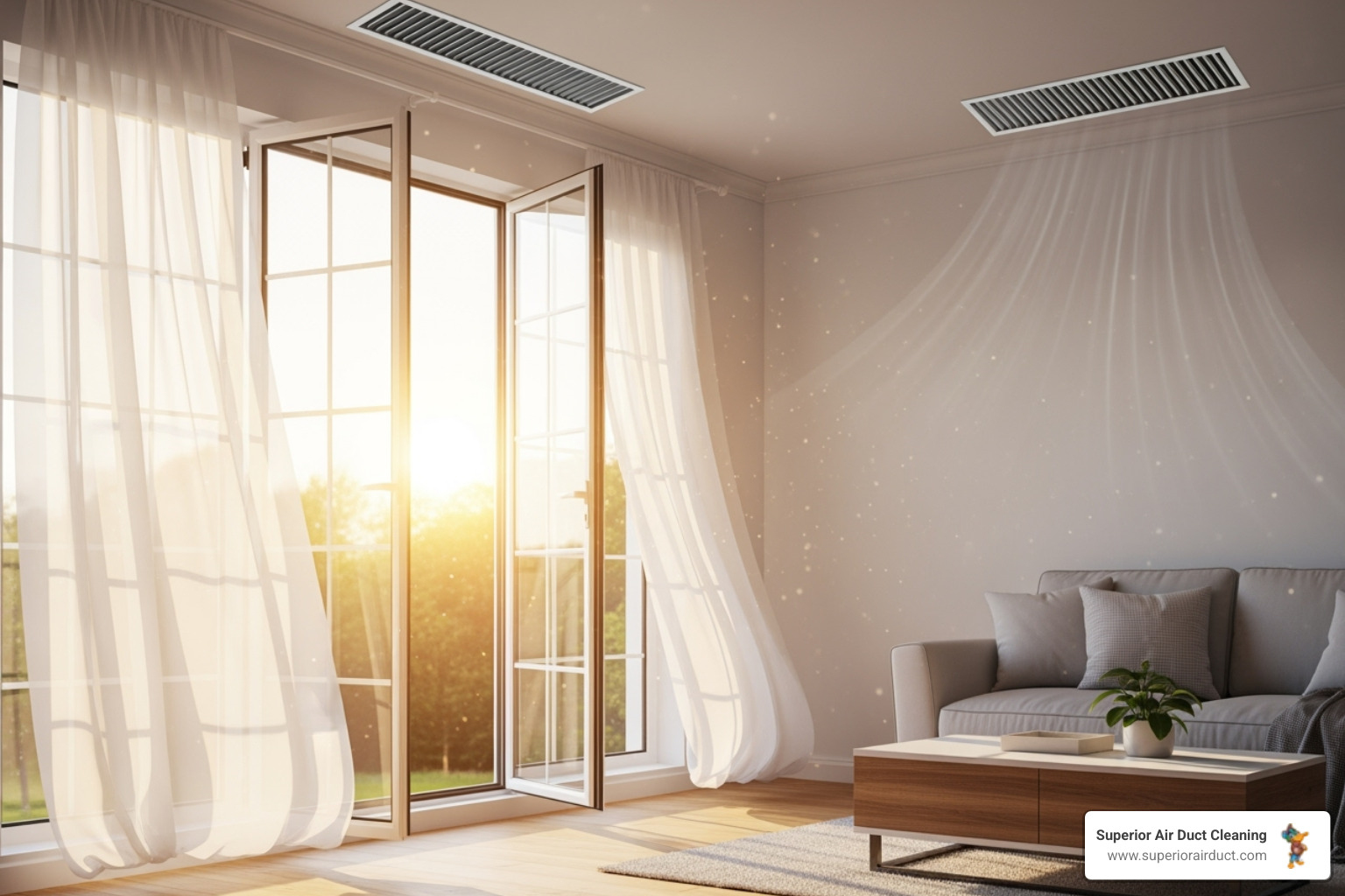 a fresh-smelling home with an open window and clean vents - sanitize air ducts