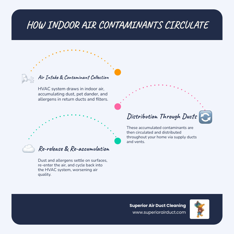 Infographic showing how dust, allergens, and contaminants circulate through a home's HVAC system, including the ductwork, air handler, and various room vents, with arrows indicating airflow patterns and accumulation points - duct cleaning companies infographic infographic-line-3-steps-blues-accent_colors