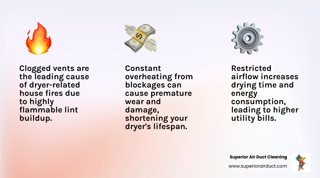 Infographic showing the top 3 risks of a clogged dryer vent: fire hazard with flame icon showing lint is extremely flammable, energy waste with dollar sign showing increased utility bills from poor efficiency, and appliance damage with broken dryer icon showing reduced lifespan from overheating - dryer duct cleaning service infographic 3_facts_emoji_light-gradient