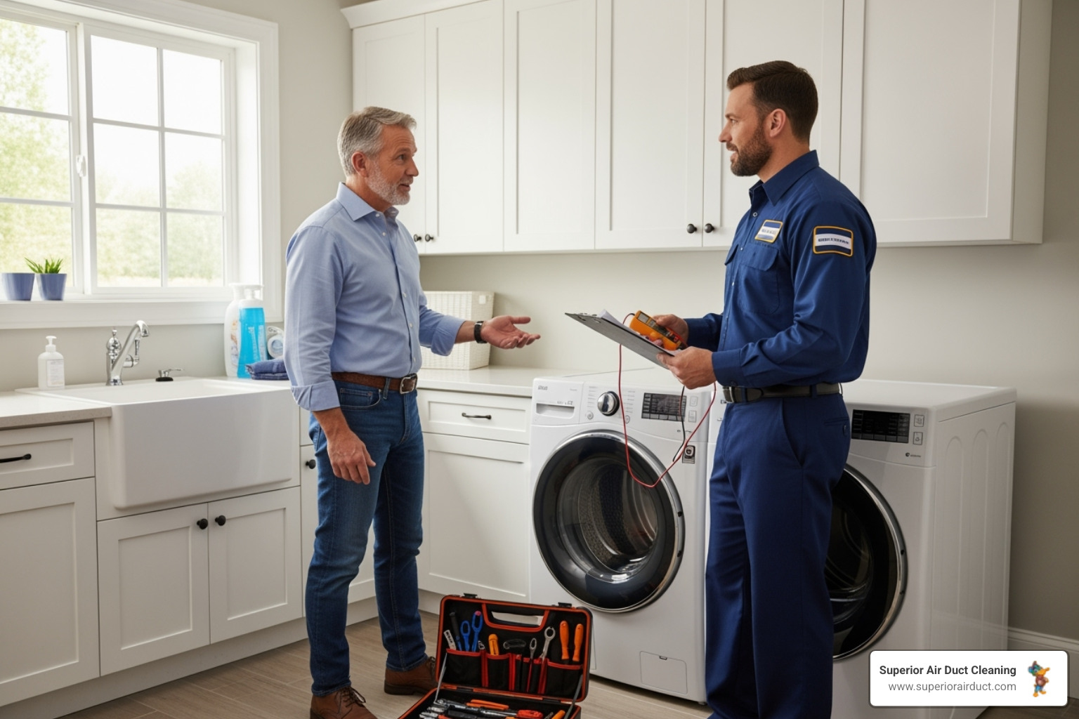 homeowner speaking with uniformed technician - dryer duct cleaning service