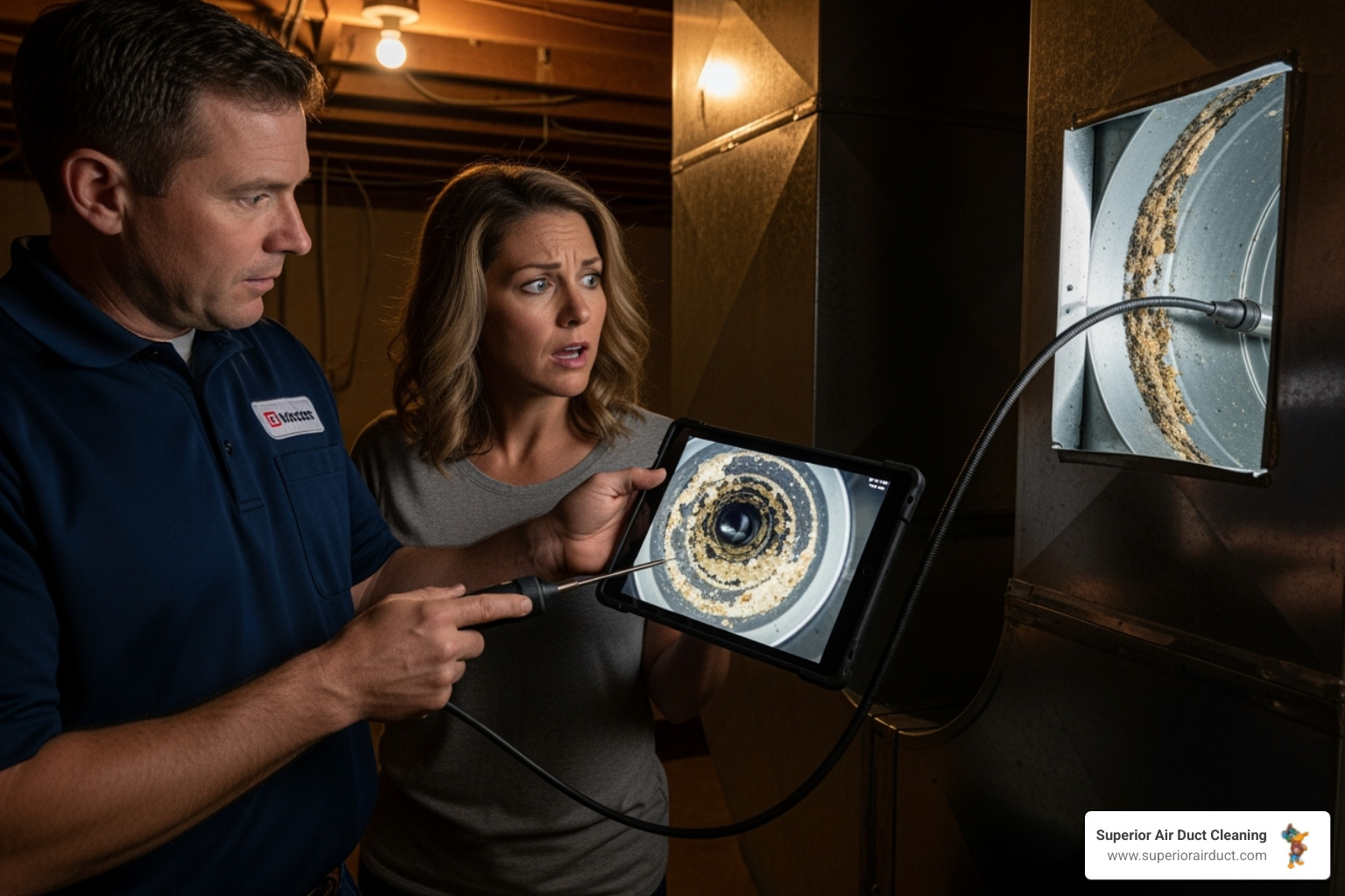 Technician showing a homeowner the inside of a dirty air duct with a camera - duct cleaning Sewickley