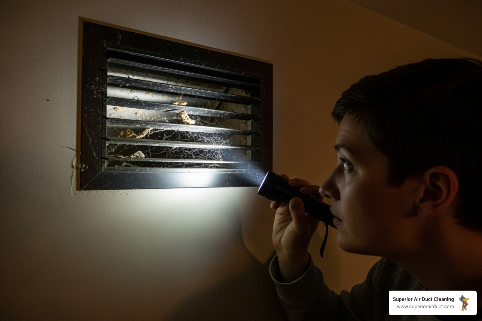 A person inspecting an air vent with a flashlight - air duct mold removal