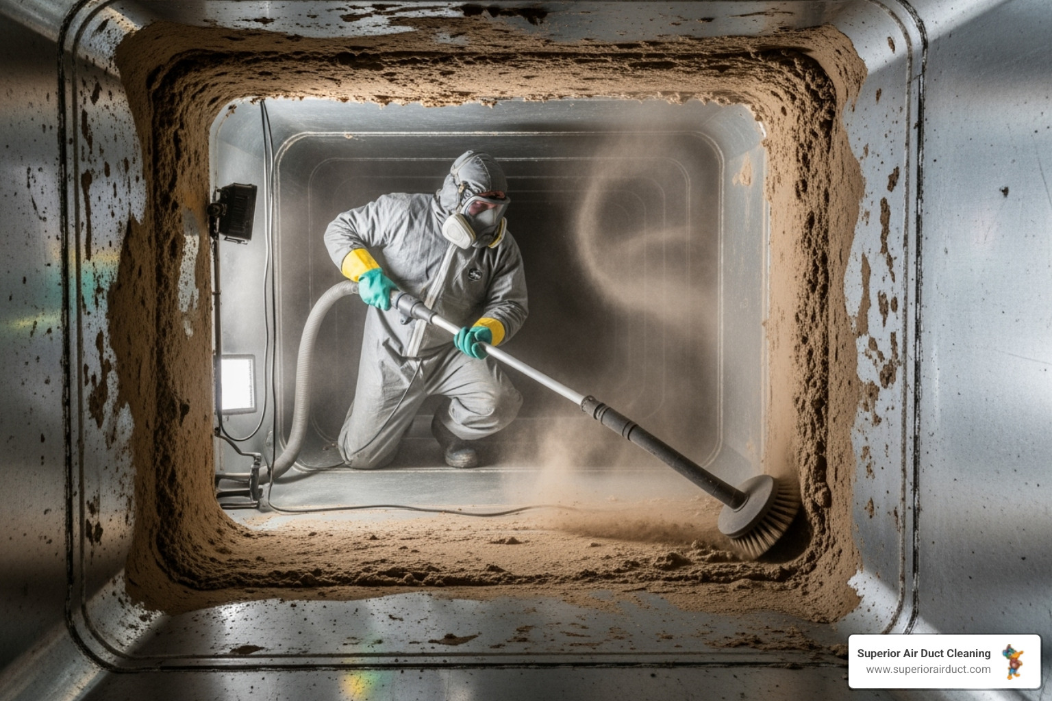A professional technician using a HEPA vacuum and brush system inside a duct - air duct mold removal