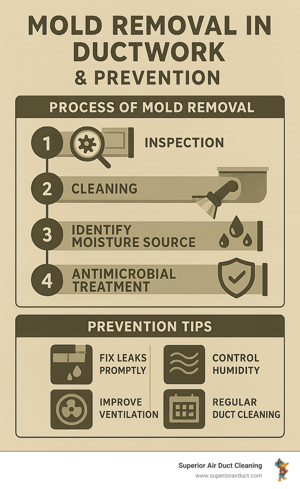 Infographic explaining the process of mold removal in ductwork and prevention tips - duct cleaning Butler County infographic 