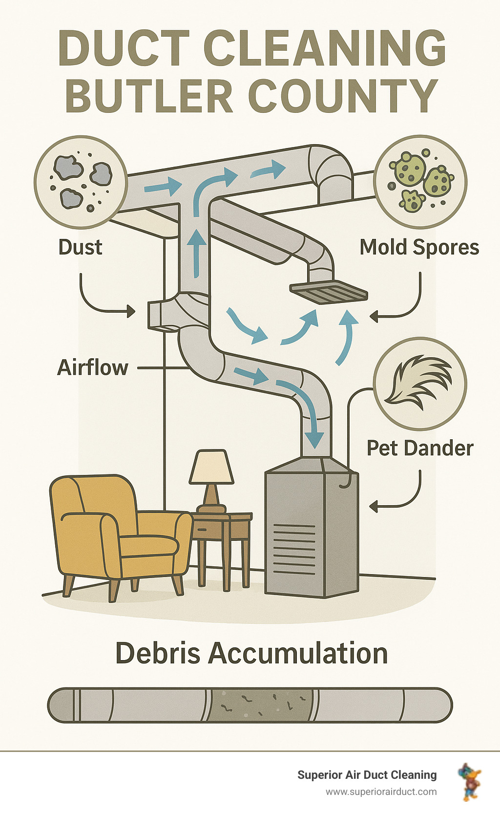 Infographic showing how dust, pet dander, mold spores, and other contaminants circulate through a home's ductwork system, with arrows indicating airflow patterns and highlighting problem areas where debris accumulates - duct cleaning Butler County infographic 