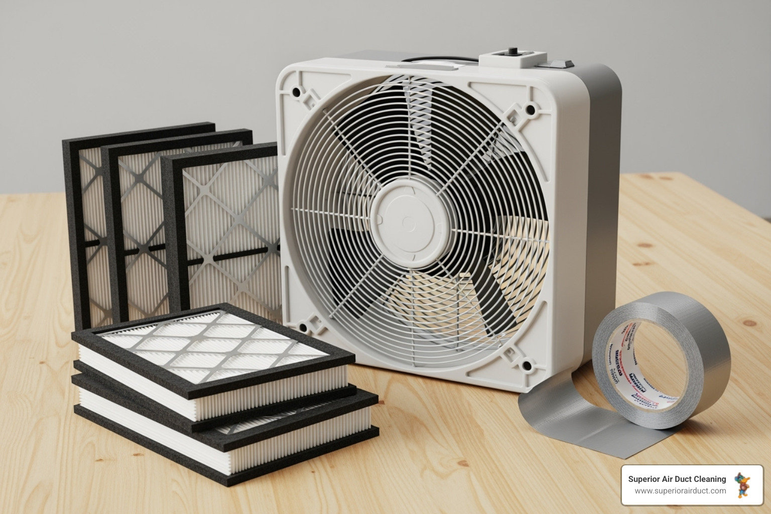Materials needed for a DIY air cleaner: a box fan, MERV-13 filters, and tape - air quality improvement