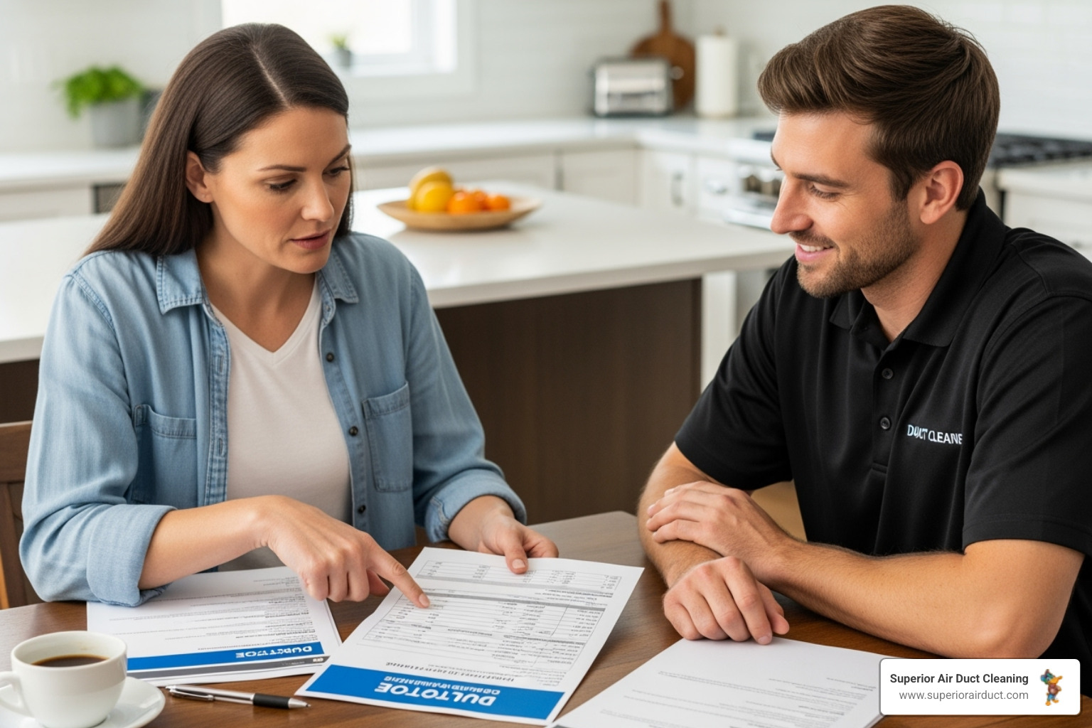 A homeowner reviews a detailed, itemized quote for duct cleaning services with a friendly technician, pointing to a line item - duct cleaning estimates