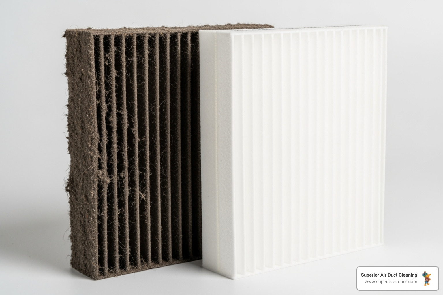 A heavily contaminated air filter sits next to a pristine, new air filter, highlighting the dramatic difference in appearance - duct cleaning estimates