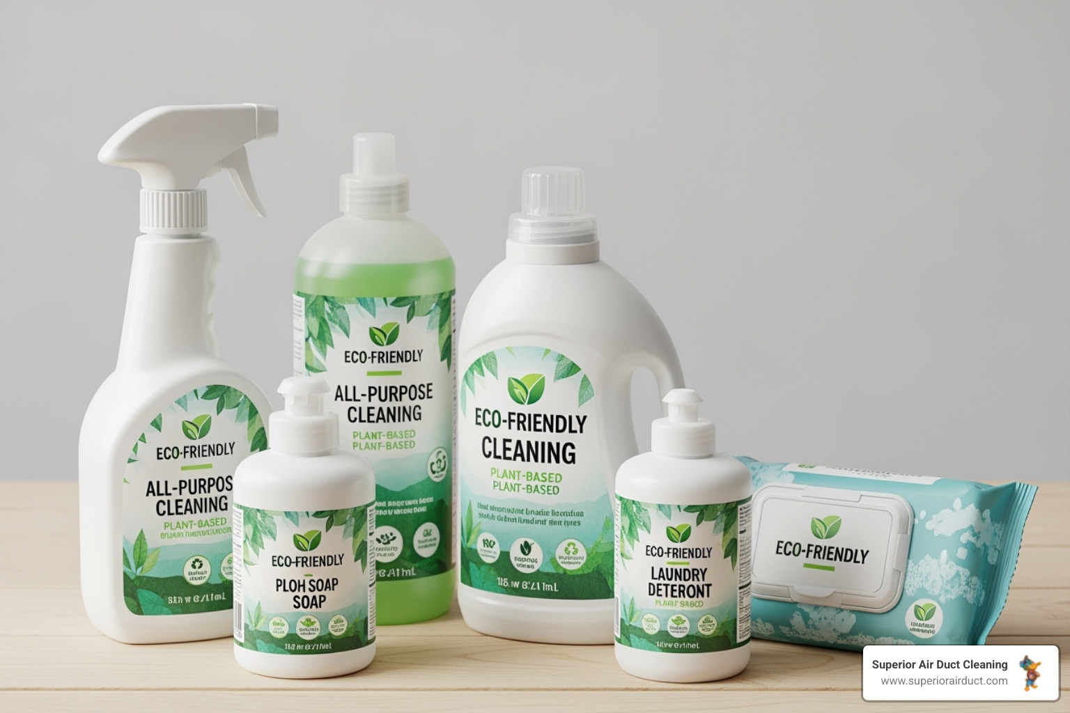A collection of eco-friendly cleaning products, clearly labeled with green leaf logos and symbols, arranged on a clean surface. - green air duct cleaning pittsburgh