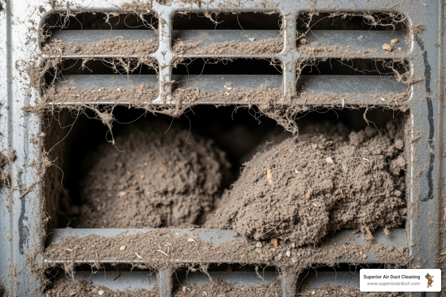 A close-up image of a dirty, clogged air duct vent, showing a thick layer of dust and debris accumulated inside before cleaning. - green air duct cleaning pittsburgh