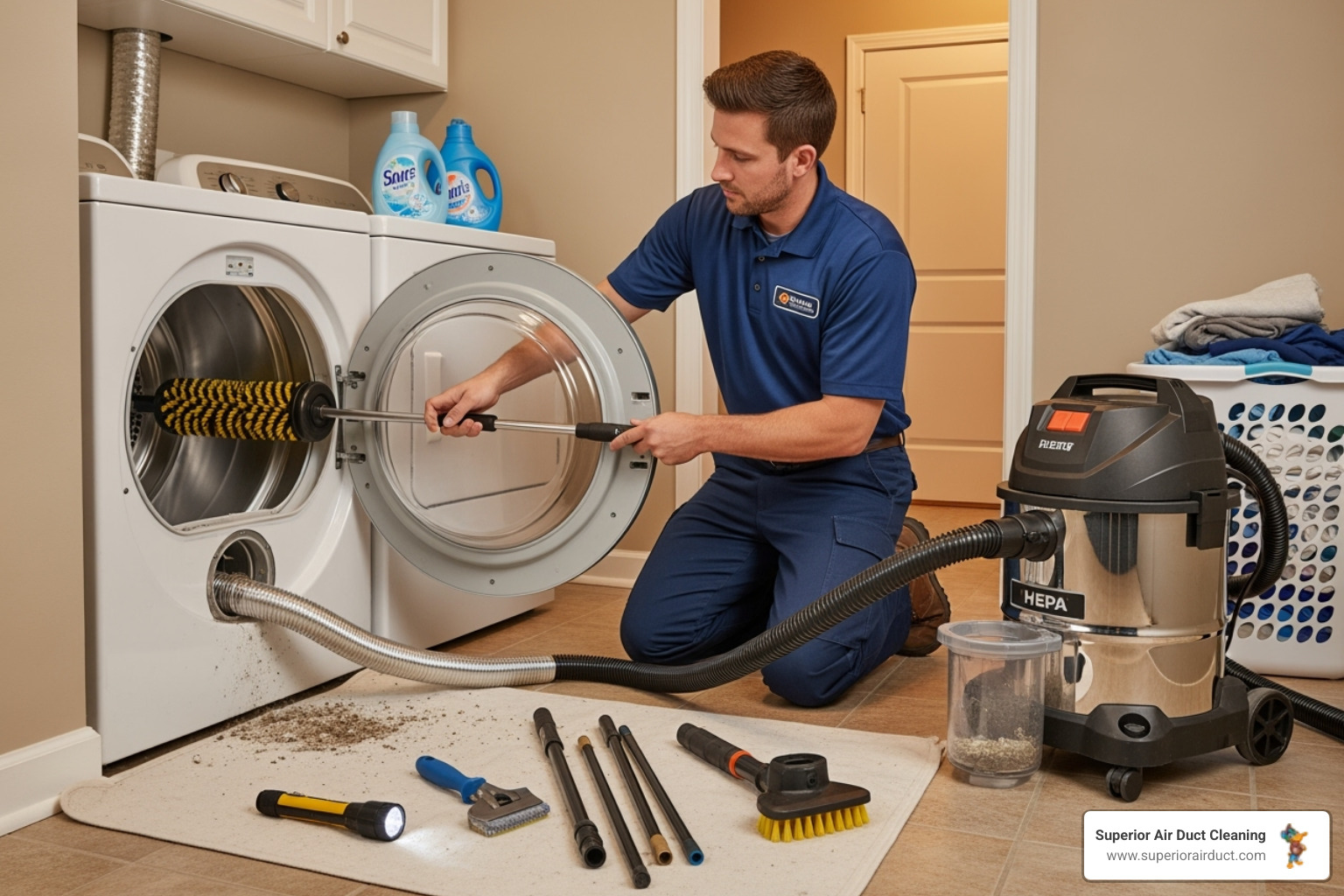 Technician using a specialized rotating brush and vacuum system - dryer vent cleaning service