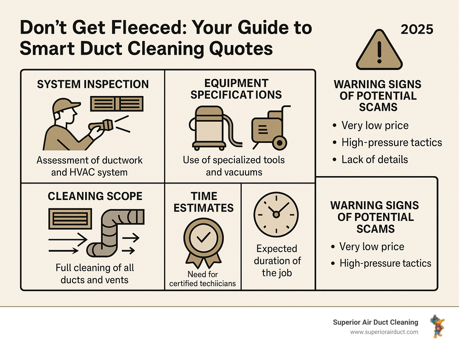 Comprehensive guide showing the components of a professional duct cleaning quote including system inspection, equipment specifications, cleaning scope, time estimates, certification requirements, and warning signs of potential scams - duct cleaning quotes infographic Comprehensive guide showing the components of a professional duct cleaning quote including system inspection, equipment specifications, cleaning scope, time estimates, certification requirements, and warning signs of potential scams - duct cleaning quotes infographic