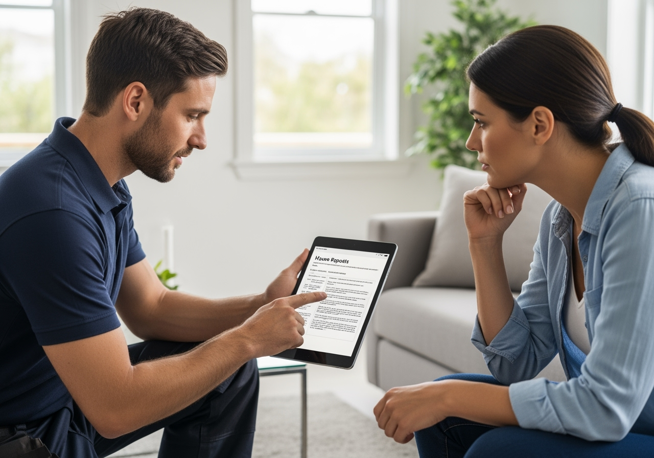 technician showing a homeowner a written quote on a tablet - duct cleaning quotes technician showing a homeowner a written quote on a tablet - duct cleaning quotes
