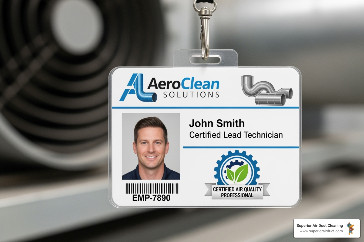A close-up image of a professional air duct cleaning technician's badge, showing NADCA certification and company logo, emphasizing professionalism - affordable air duct cleaning A close-up image of a professional air duct cleaning technician's badge, showing NADCA certification and company logo, emphasizing professionalism - affordable air duct cleaning
