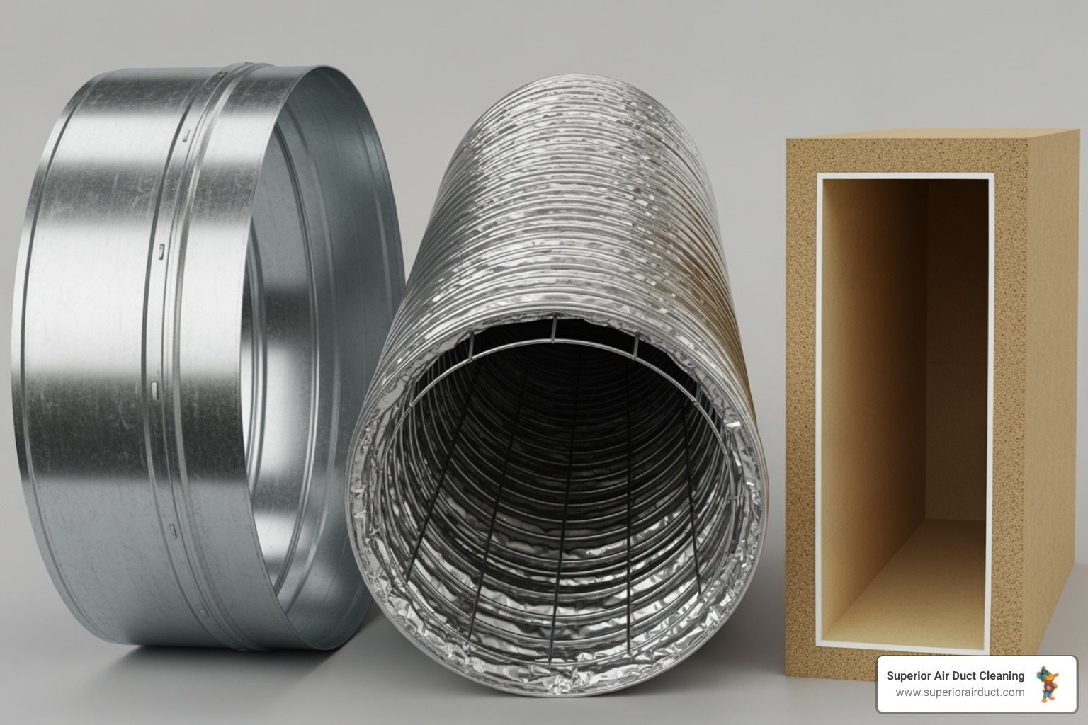 Illustration showing various types of air duct materials: rigid metal, flexible ducting, and fiberglass duct board, highlighting their differences - affordable air duct cleaning Illustration showing various types of air duct materials: rigid metal, flexible ducting, and fiberglass duct board, highlighting their differences - affordable air duct cleaning