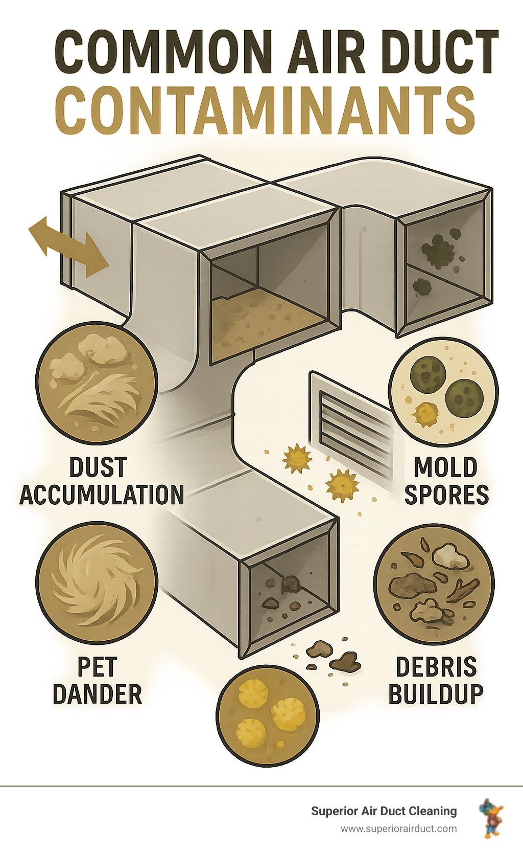 Comprehensive infographic showing common air duct contaminants including dust accumulation, pet dander, mold spores, pollen, and debris buildup throughout different sections of HVAC ductwork systems - affordable air duct cleaning infographic Comprehensive infographic showing common air duct contaminants including dust accumulation, pet dander, mold spores, pollen, and debris buildup throughout different sections of HVAC ductwork systems - affordable air duct cleaning infographic