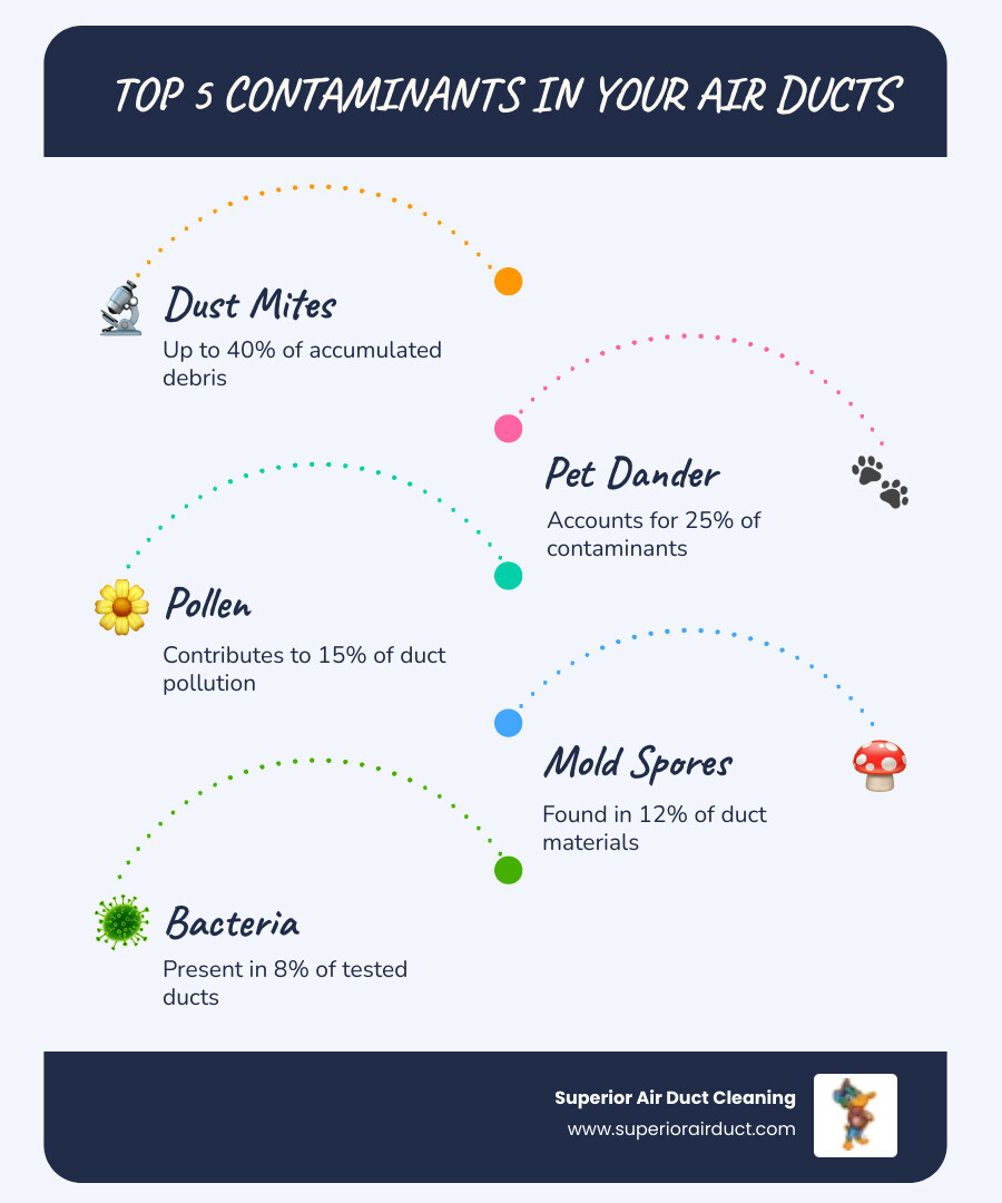 Infographic showing the top 5 contaminants found in home air ducts including dust mites at 40%, pet dander at 25%, pollen at 15%, mold spores at 12%, and bacteria at 8%, with visual icons for each contaminant type - duct cleaning Hancock County infographic infographic-line-5-steps-blues-accent_colors