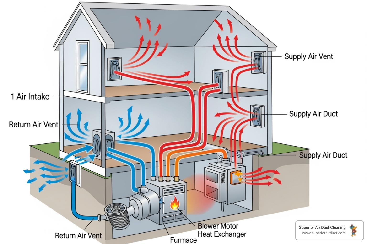 Image showing a diagram of how air circulates through a home's HVAC system. - duct cleaning Hancock County