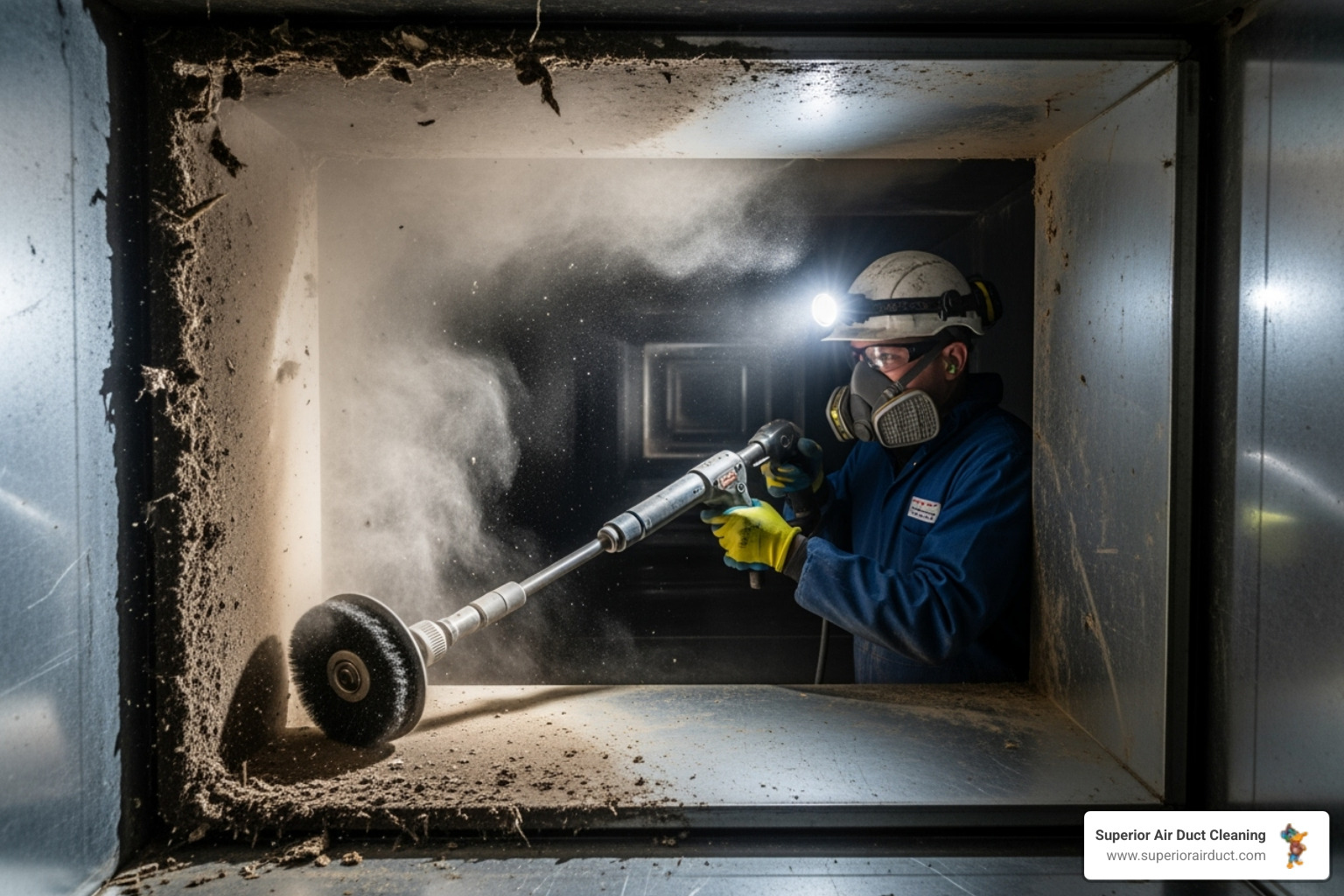 Image of a technician using a rotary brush inside a duct. - duct cleaning Hancock County