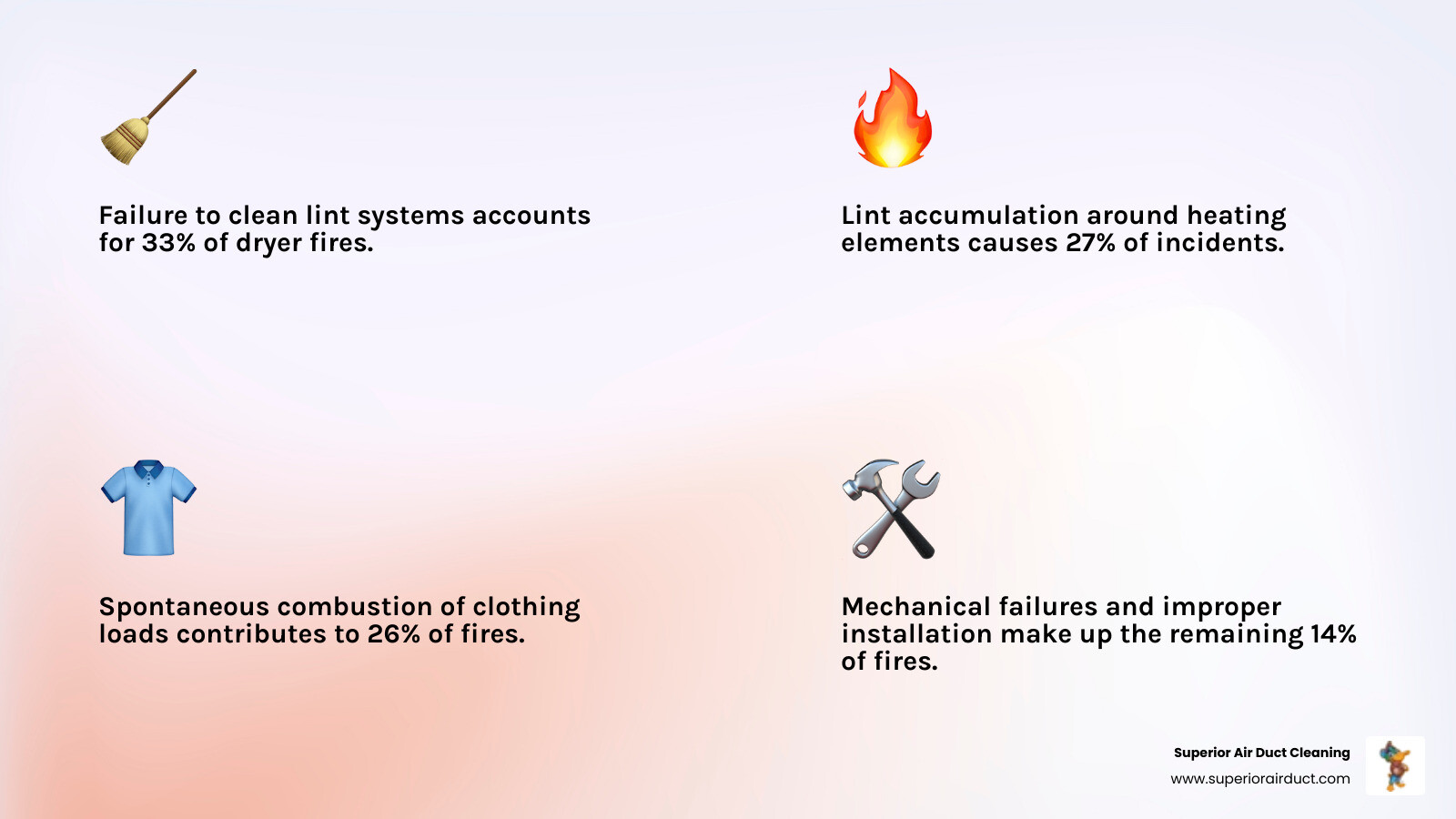 Infographic showing dryer fire statistics: 33% caused by failure to clean lint systems, 27% from lint accumulation around heating elements, 26% from spontaneous combustion of clothing loads, with remaining percentage from mechanical failures and improper installation - dryer fire prevention infographic 4_facts_emoji_light-gradient