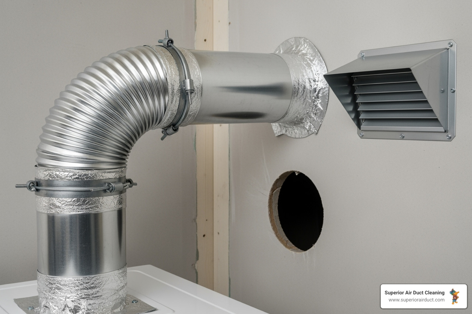 A rigid metal dryer vent correctly installed - dryer fire prevention