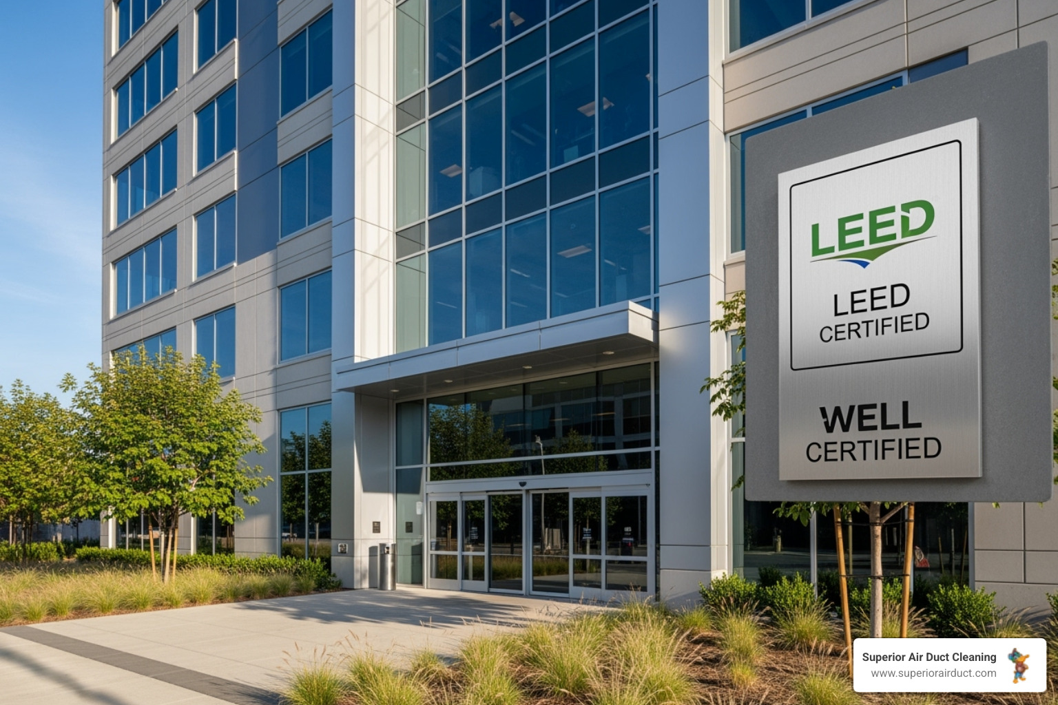 building with a LEED or WELL certification plaque - commercial air quality