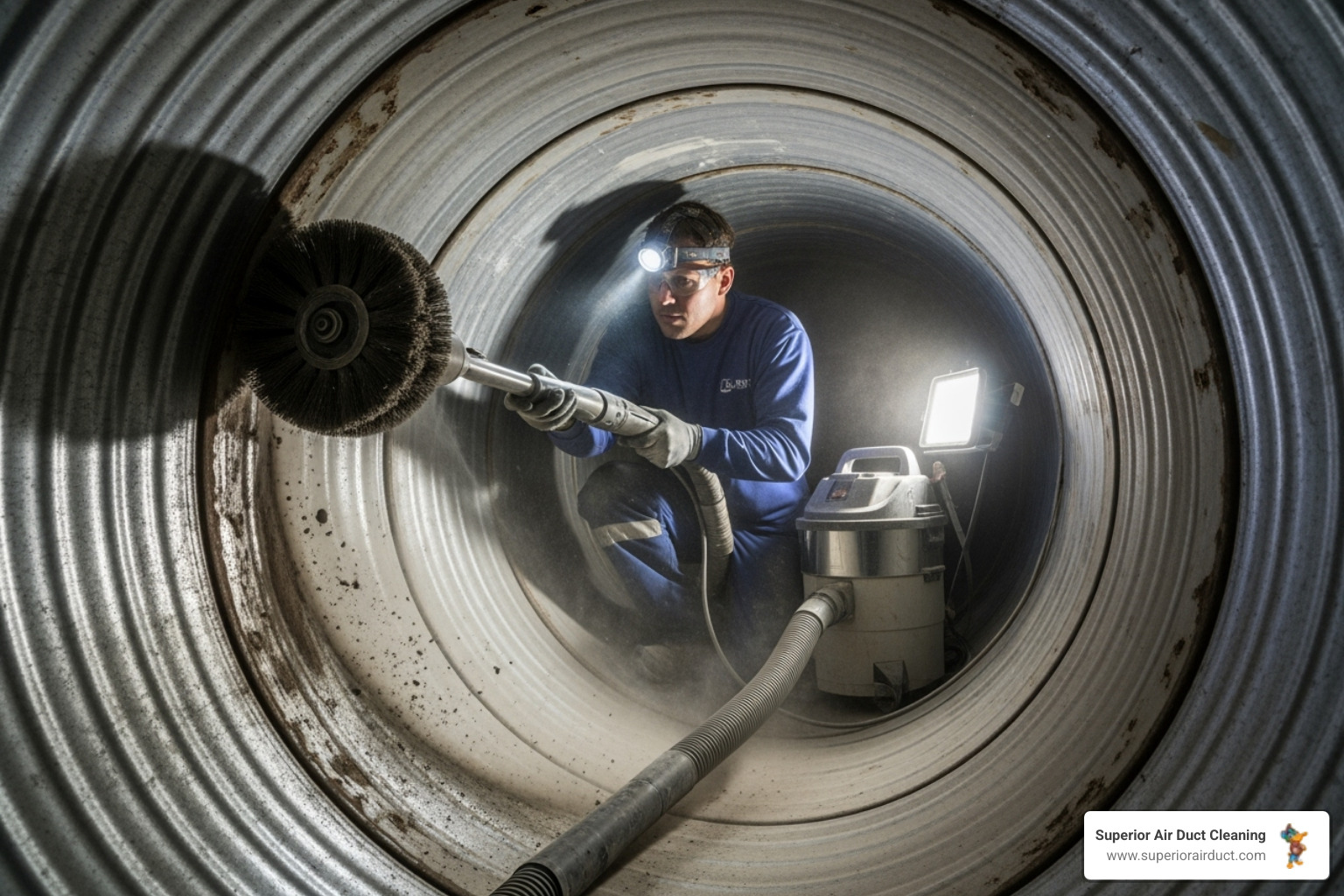 Technician using a rotary brush inside a duct for cleaning - attic duct cleaning Technician using a rotary brush inside a duct for cleaning - attic duct cleaning