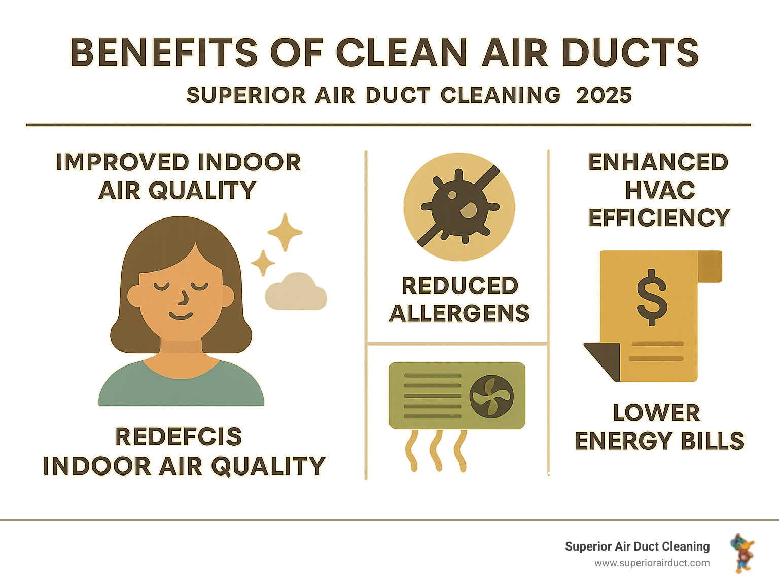 Infographic showing the benefits of clean air ducts, including improved indoor air quality, reduced allergens, improved HVAC efficiency, and lower energy bills - attic duct cleaning infographic Infographic showing the benefits of clean air ducts, including improved indoor air quality, reduced allergens, improved HVAC efficiency, and lower energy bills - attic duct cleaning infographic