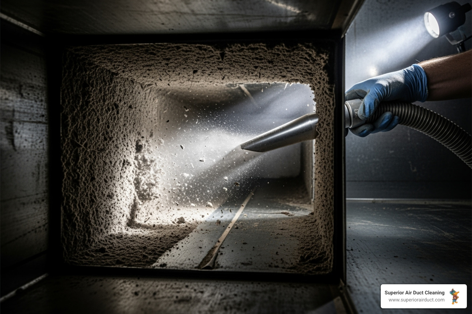 Dust and debris being removed from an air duct - duct work cleaning near me