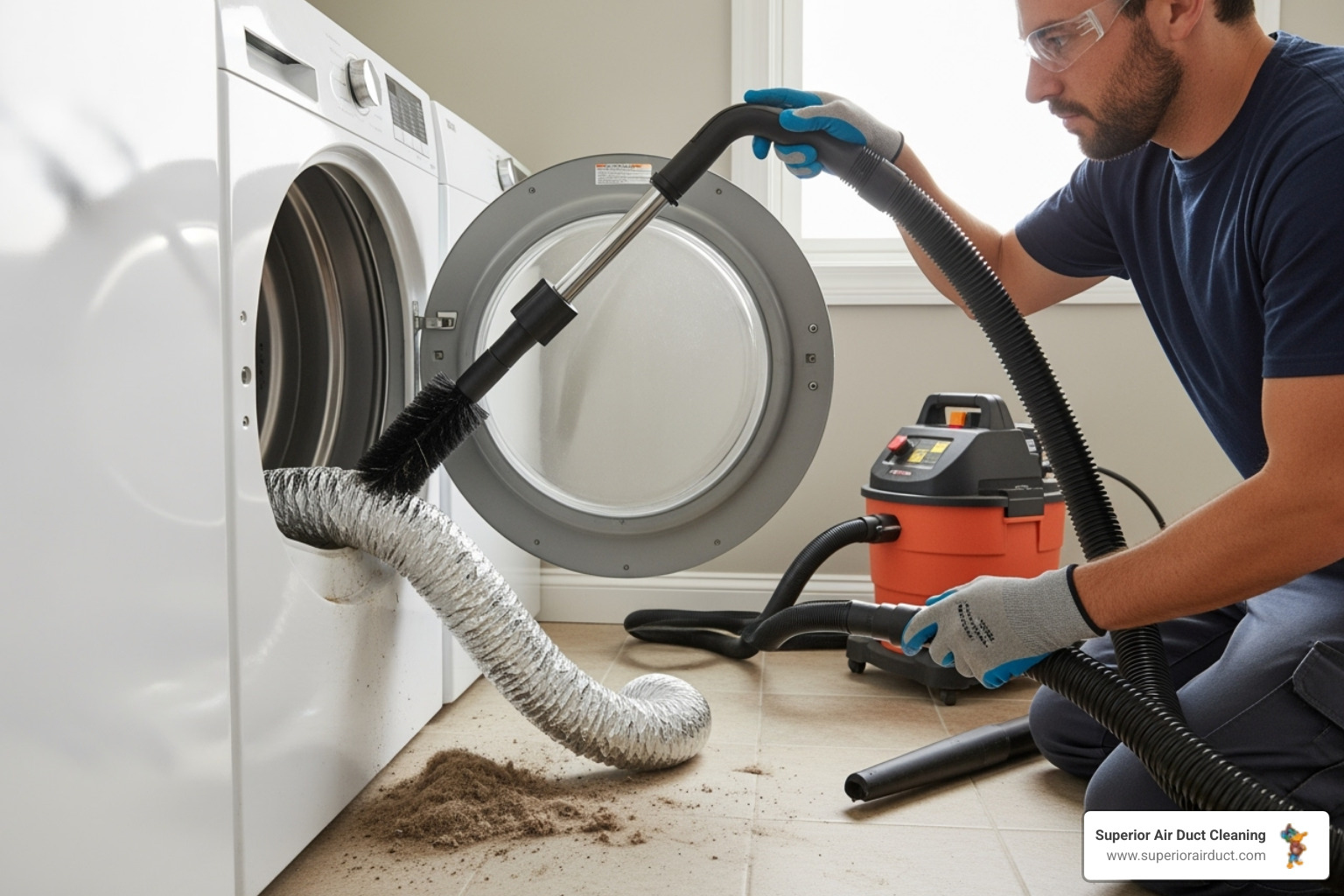 Technician cleaning a dryer vent - duct work cleaning near me