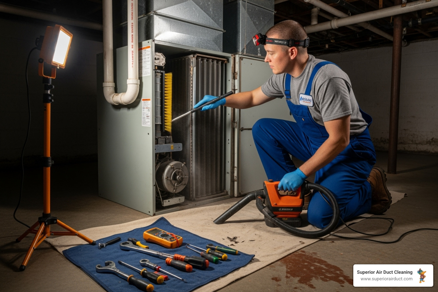 technician cleaning an air handler unit - hvac duct cleaning