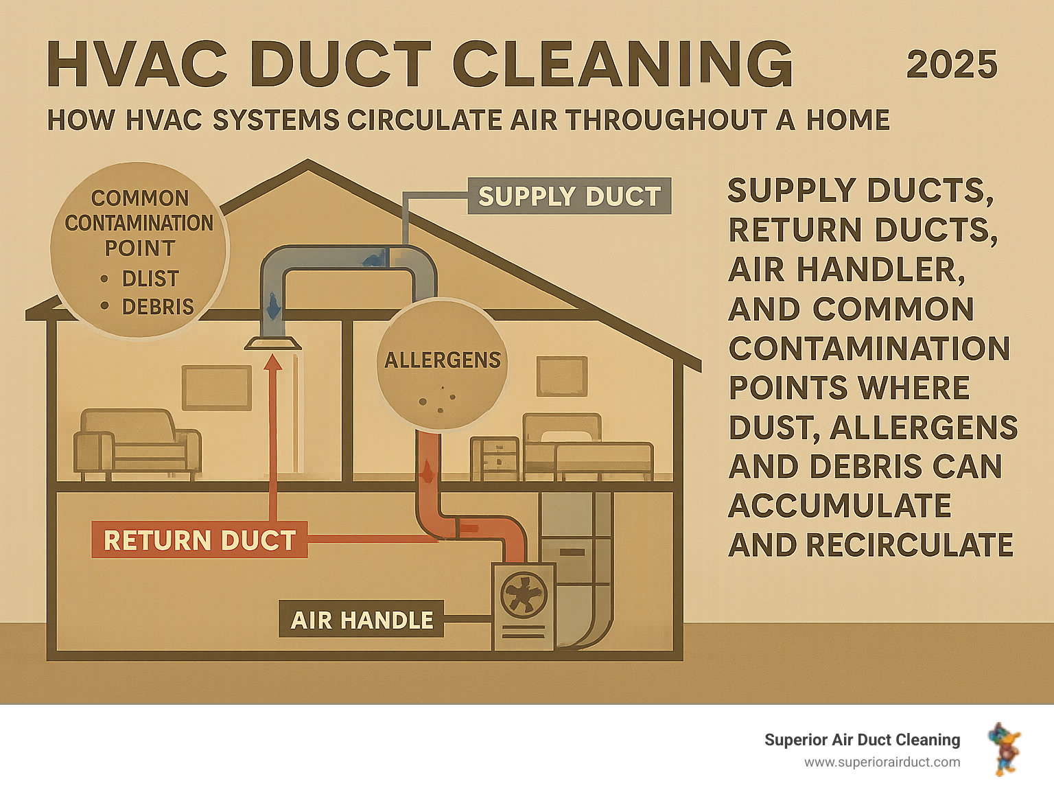 Detailed infographic showing how HVAC systems circulate air throughout a home, highlighting supply ducts, return ducts, air handler, and common contamination points where dust, allergens, and debris can accumulate and recirculate - hvac duct cleaning infographic 