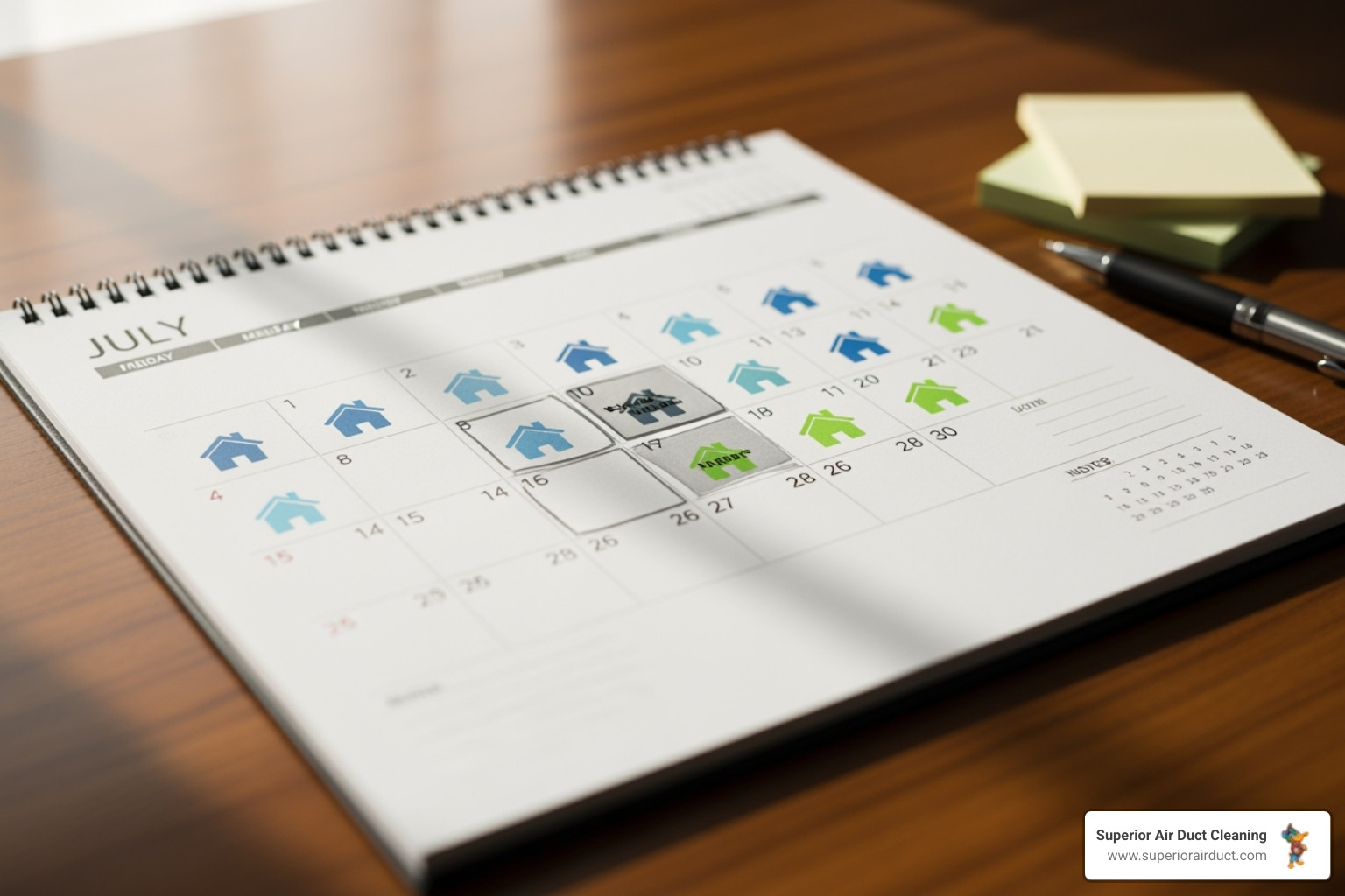 A calendar with a house icon marked for duct cleaning on a recurring schedule - expert duct cleaning