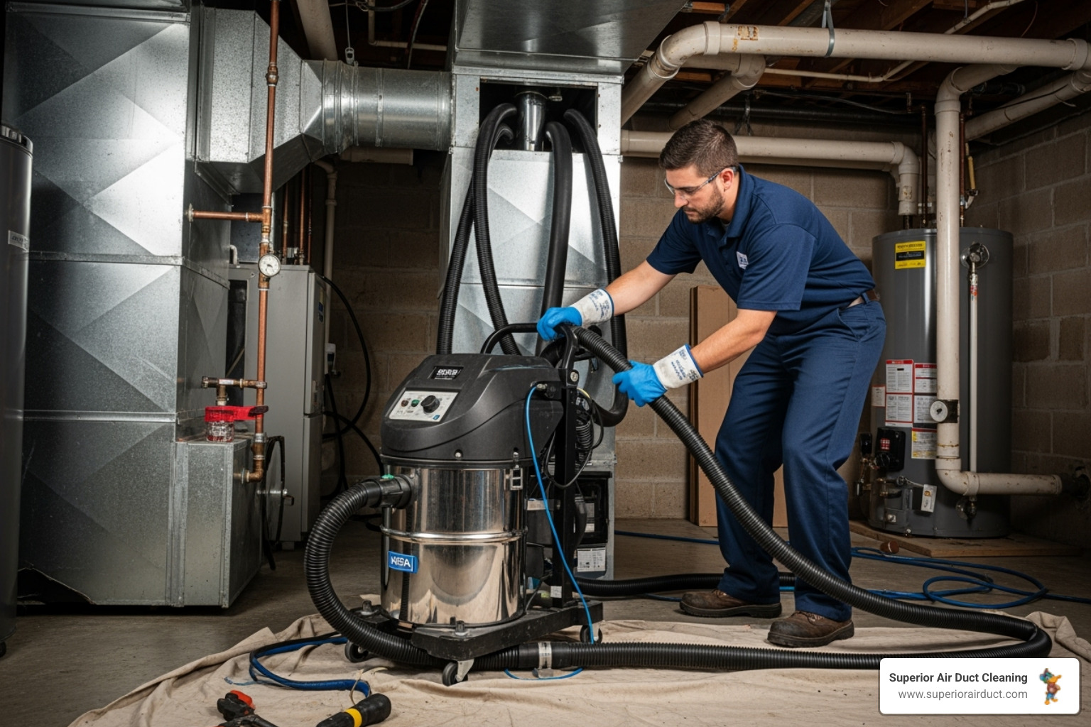 Professional technician operating a high-powered HEPA vacuum connected to a home's ductwork - expert duct cleaning