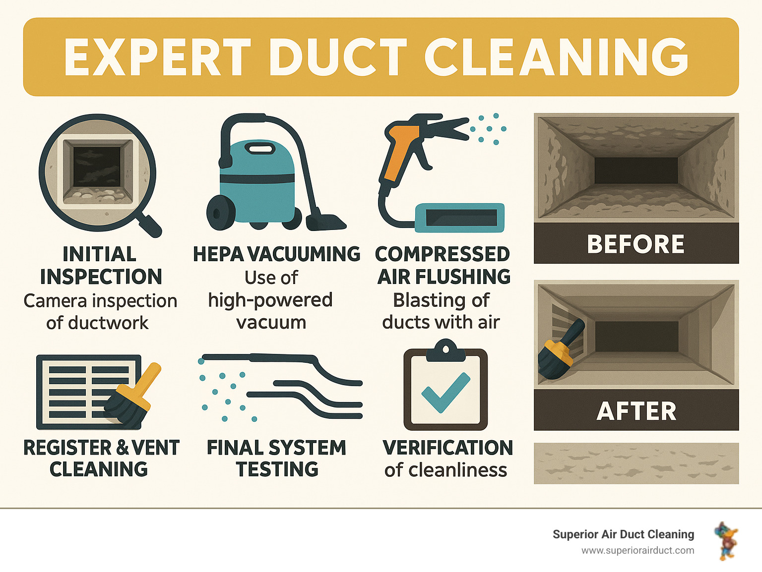 Comprehensive infographic showing the expert duct cleaning process from initial inspection through final system testing, including equipment used like HEPA vacuums and compressed air tools, plus before and after ductwork photos demonstrating debris removal - expert duct cleaning infographic 