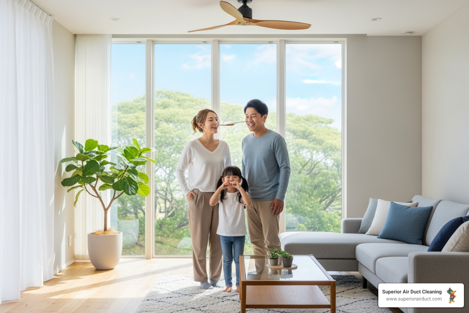 A family enjoying a clean, bright home, smiling and breathing deeply, representing the benefits of clean air ducts - ductwork cleaning pittsburgh