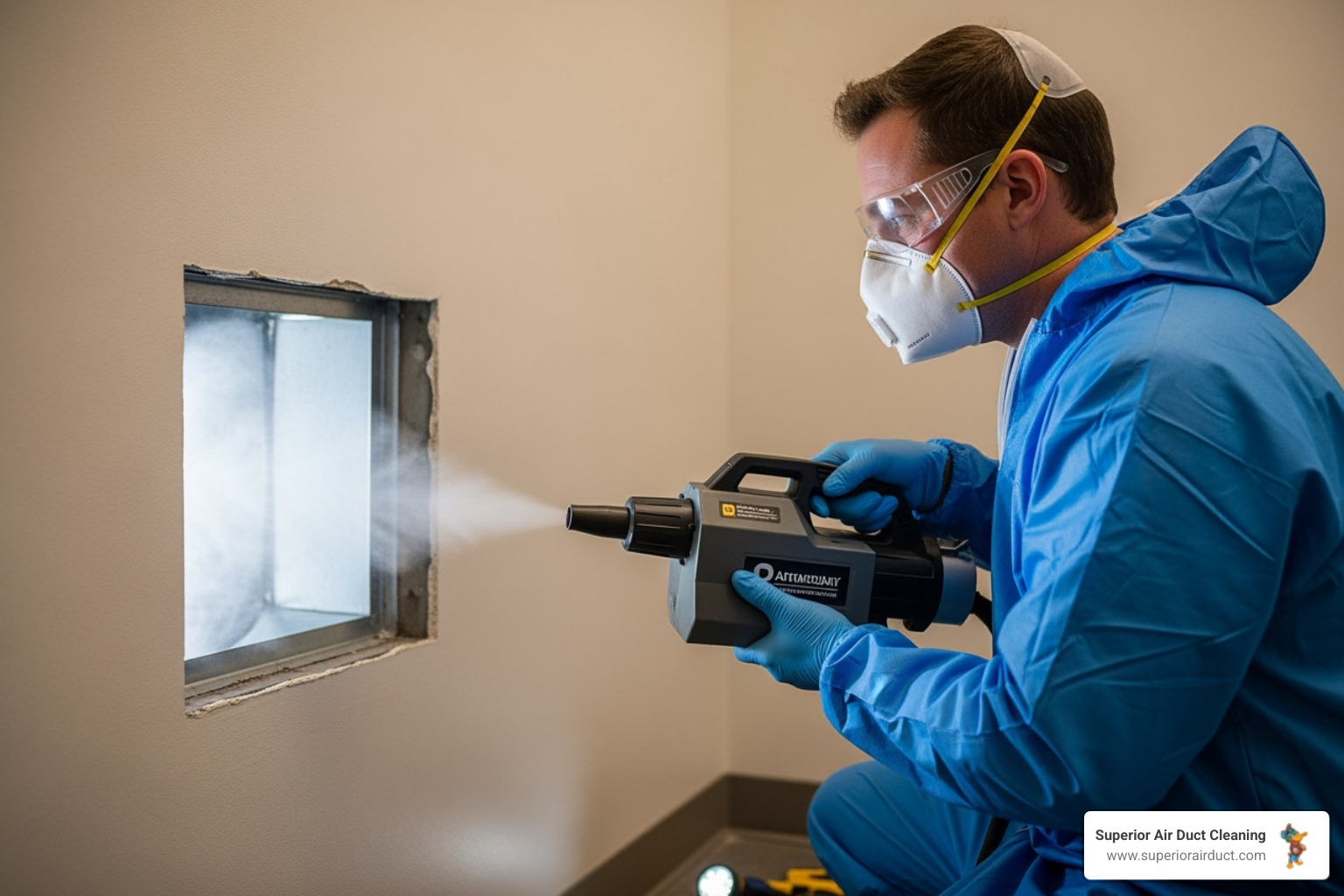 certified technician using professional fogging equipment to sanitize an air duct system - air vent sanitization youngstown oh certified technician using professional fogging equipment to sanitize an air duct system - air vent sanitization youngstown oh