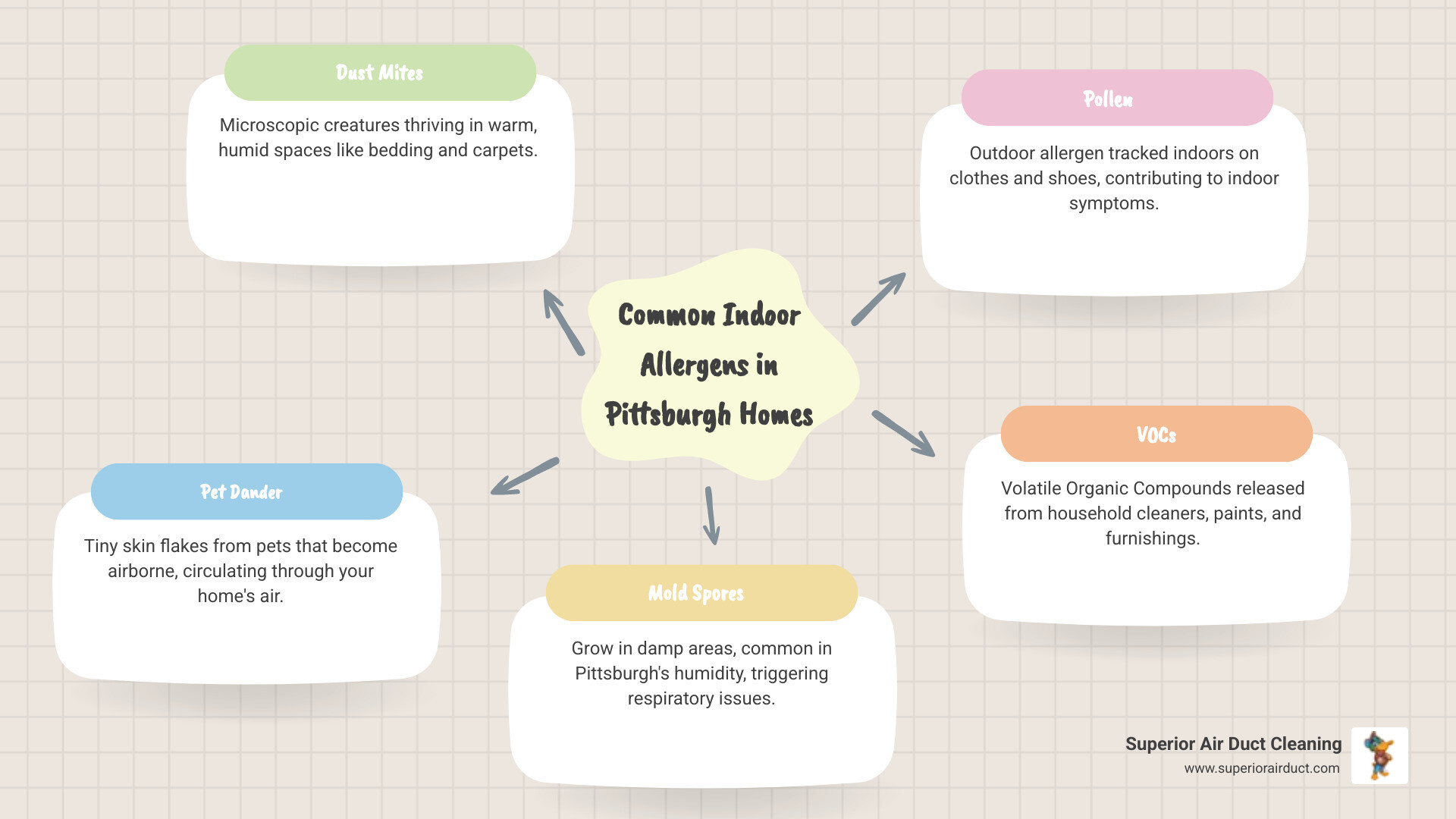 infographic showing common indoor allergens in Pittsburgh homes including dust mites thriving in humid conditions, pet dander circulating through HVAC systems, mold spores growing in damp areas, pollen tracked indoors on shoes and clothing, and VOCs from cleaning products and building materials, with percentages showing dust mites and pet dander as the top two allergen sources - "My allergies are getting worse indoors. What are some top-rated companies in the Pittsburgh area that can help improve air quality in my home?" infographic mindmap-5-items