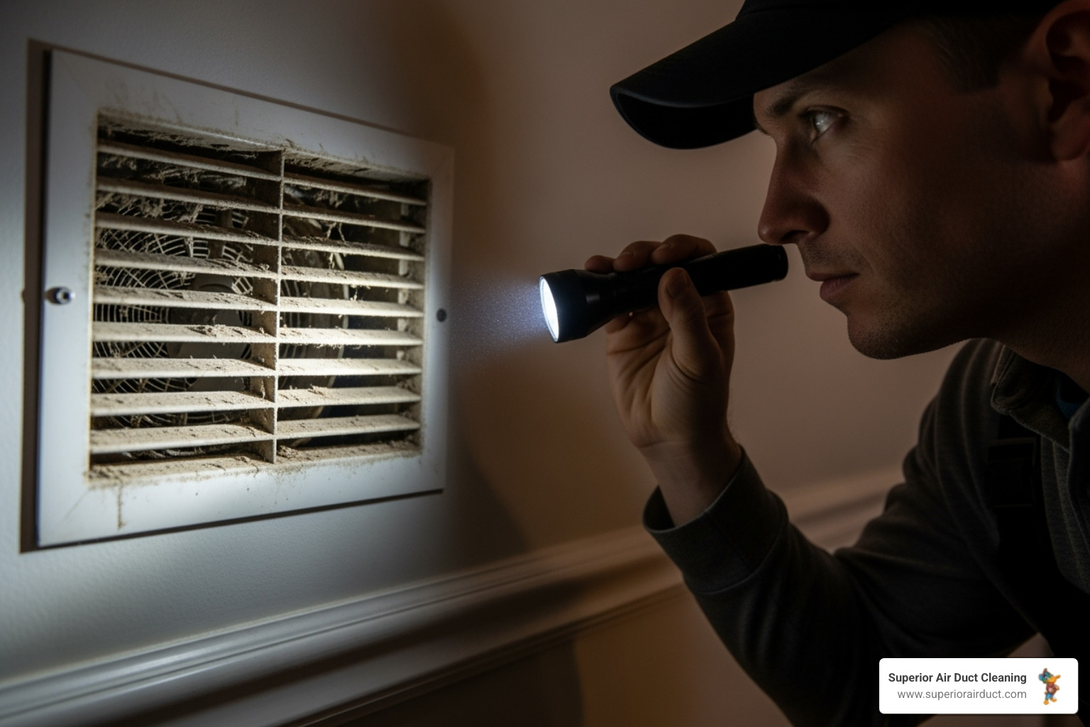 Technician inspecting dusty air vent with a flashlight - Ductwork Cleaning in Youngstown