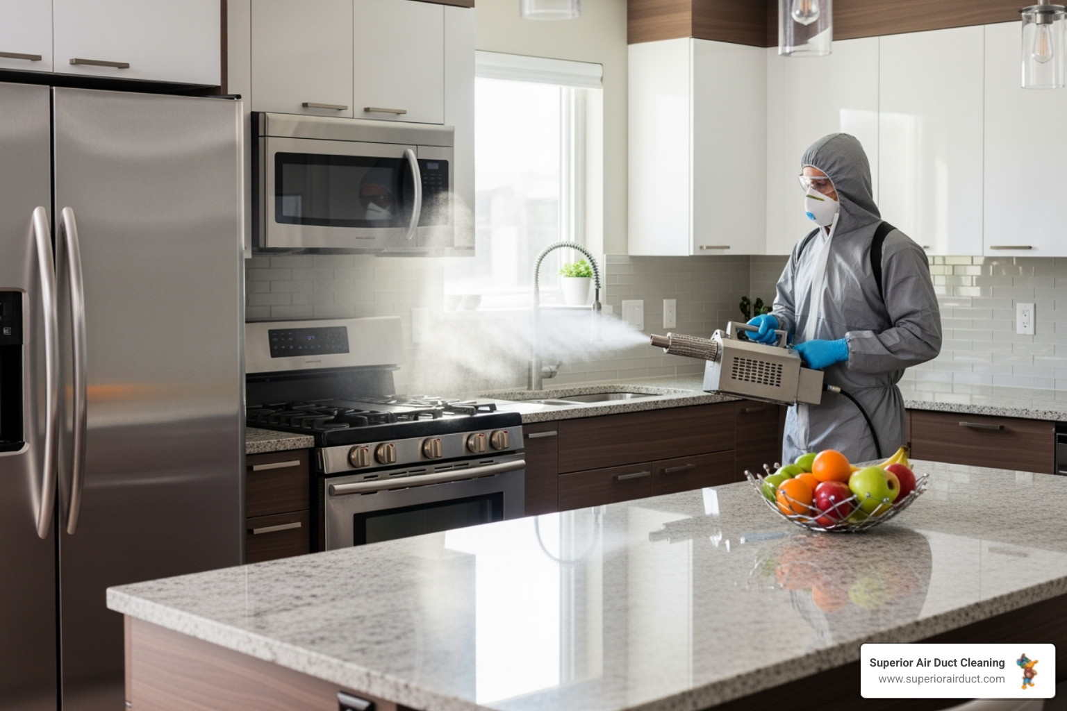 professional technician using a fogger in a residential kitchen - Whole House Sanitizing in Pittsburgh professional technician using a fogger in a residential kitchen - Whole House Sanitizing in Pittsburgh