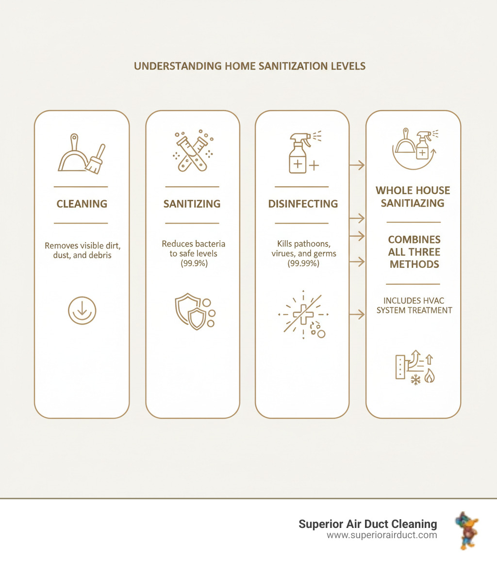 infographic showing three columns comparing cleaning vs sanitizing vs disinfecting with icons representing dirt removal, bacteria reduction, and pathogen elimination, plus a fourth column showing whole house sanitizing combines all three methods and includes HVAC system treatment - Whole House Sanitizing in Pittsburgh infographic infographic showing three columns comparing cleaning vs sanitizing vs disinfecting with icons representing dirt removal, bacteria reduction, and pathogen elimination, plus a fourth column showing whole house sanitizing combines all three methods and includes HVAC system treatment - Whole House Sanitizing in Pittsburgh infographic