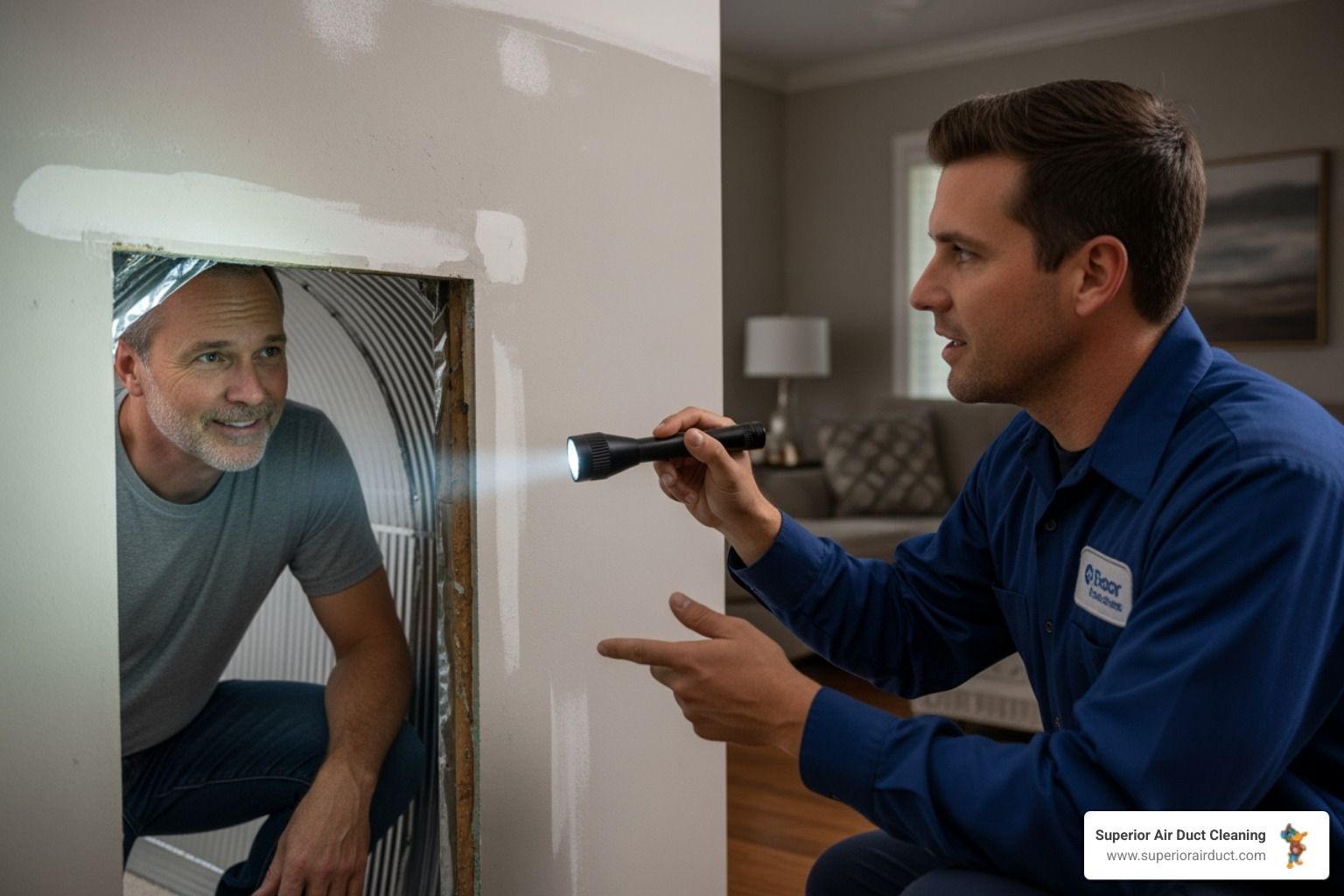 technician showing clean duct inside to homeowner - Ductwork Cleaning in Pittsburgh