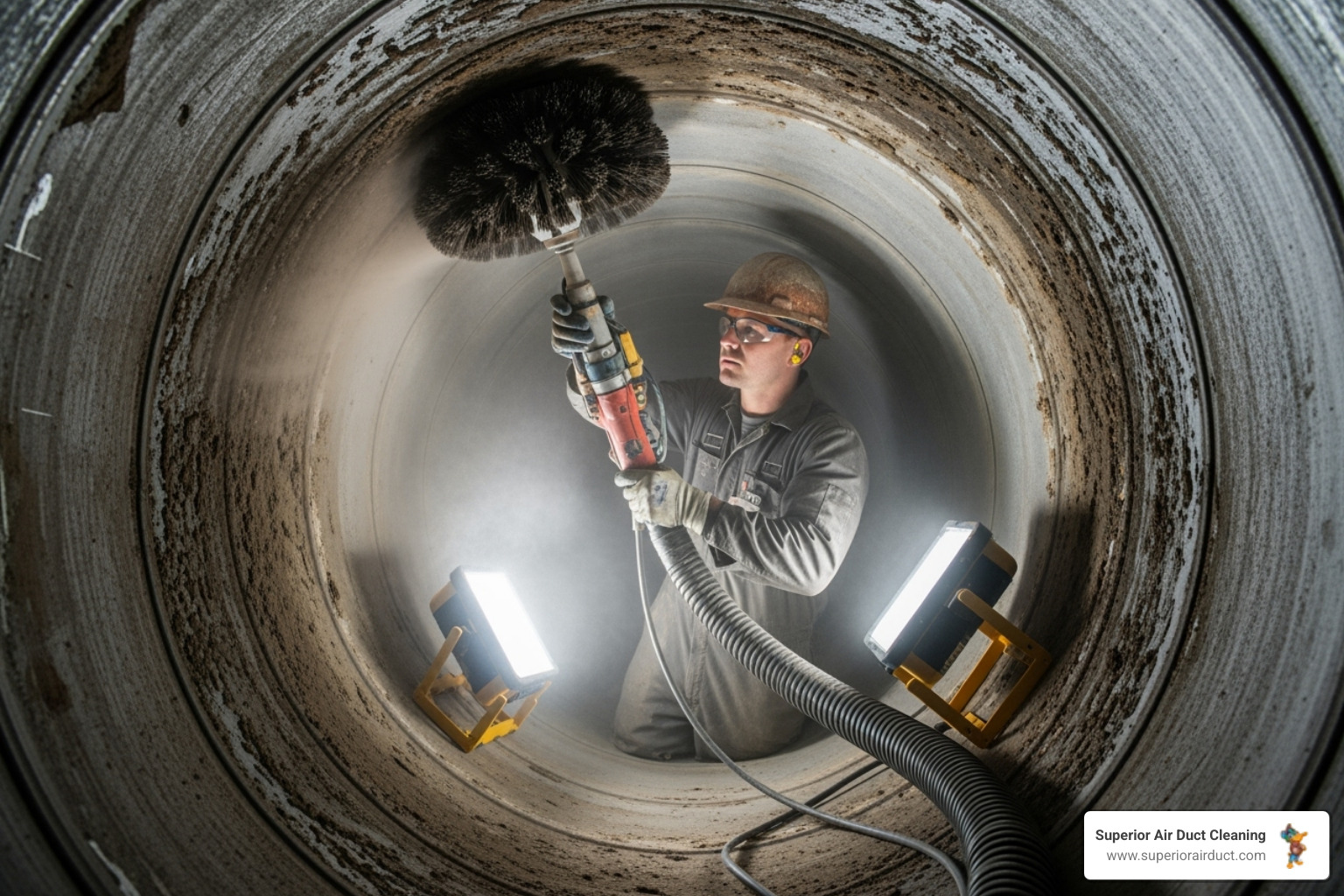 professional using rotary brush inside large air duct - Ductwork Cleaning in Pittsburgh