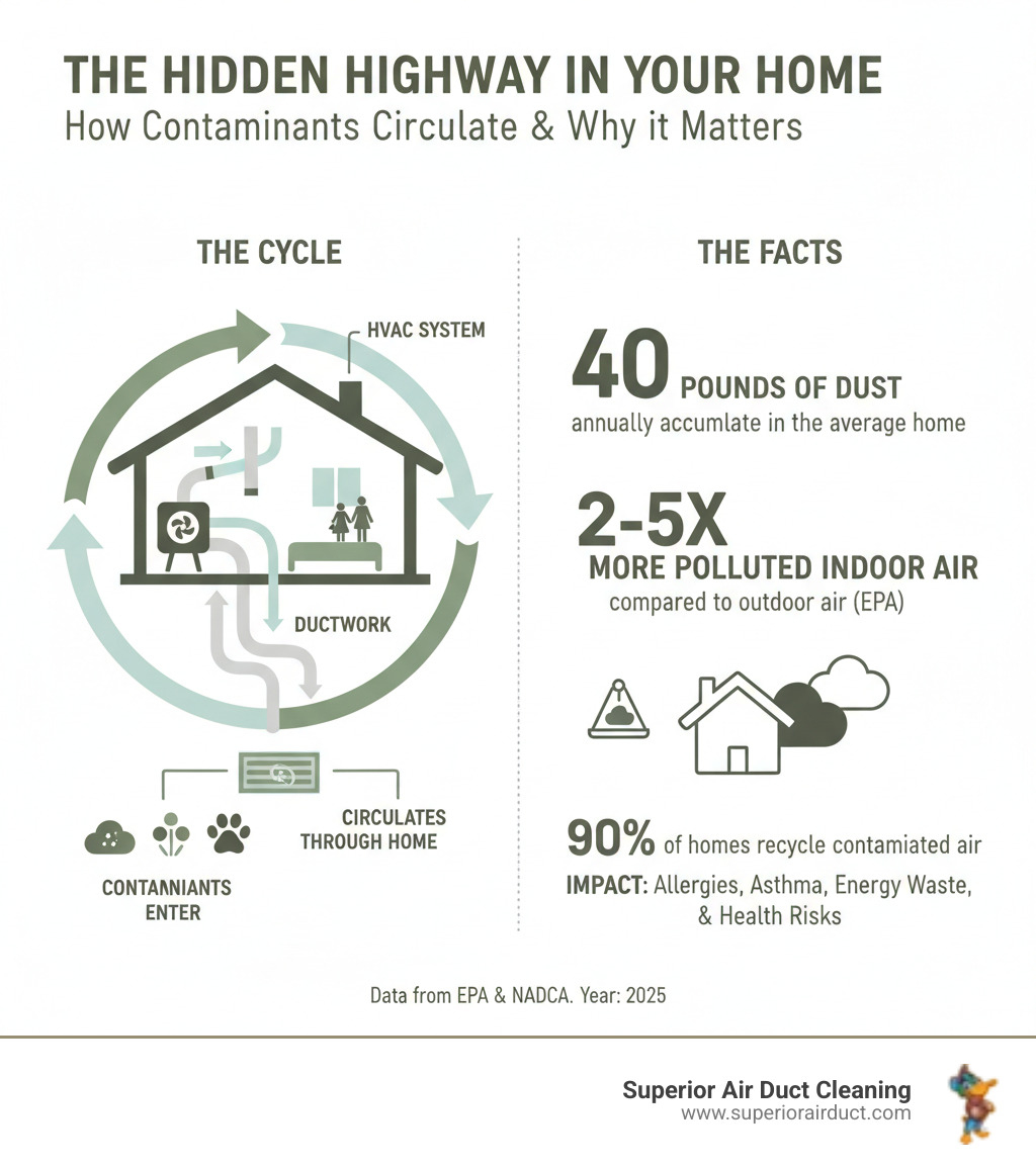 infographic showing how dust, allergens, pet dander, and mold spores circulate through a home's HVAC system, with statistics on indoor air pollution and annual dust accumulation - Ductwork Cleaning in Pittsburgh infographic infographic showing how dust, allergens, pet dander, and mold spores circulate through a home's HVAC system, with statistics on indoor air pollution and annual dust accumulation - Ductwork Cleaning in Pittsburgh infographic