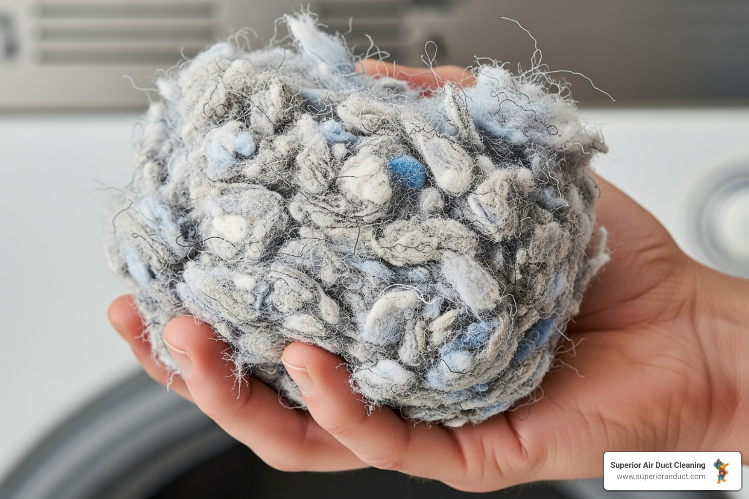 Image of a hand holding a large clump of lint removed from a vent - Dryer Vent Cleaning Company in Pittsburgh