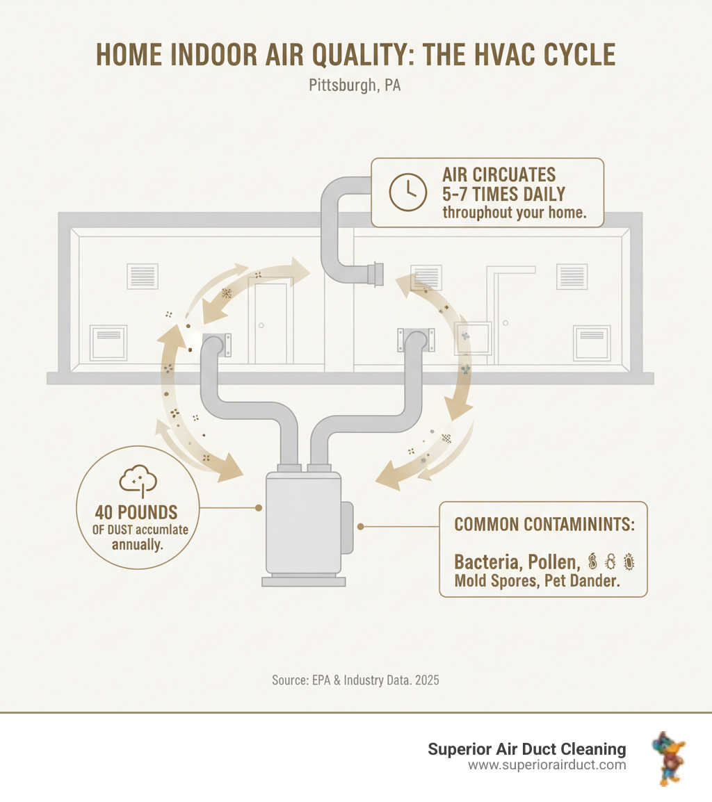 infographic showing the circulation of dust, allergens, pet dander, and mold spores through a home's HVAC system, with arrows indicating air movement through ducts and vents, and callouts highlighting the 40 pounds of annual dust accumulation, 5-7 daily air circulation cycles, and common contaminants like bacteria and pollen that affect indoor air quality - Duct Cleaning in Pittsburgh infographic infographic showing the circulation of dust, allergens, pet dander, and mold spores through a home's HVAC system, with arrows indicating air movement through ducts and vents, and callouts highlighting the 40 pounds of annual dust accumulation, 5-7 daily air circulation cycles, and common contaminants like bacteria and pollen that affect indoor air quality - Duct Cleaning in Pittsburgh infographic